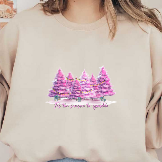 A festive illustration featuring pink Christmas trees adorned with lights and surrounded by wrapped gifts, celebrating the holiday spirit. dtf prints