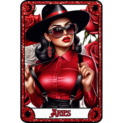 Esta llamativa ilustración presenta a una mujer de moda con una camisa roja y accesorios elegantes, rodeada de rosas, que representan a Aries.