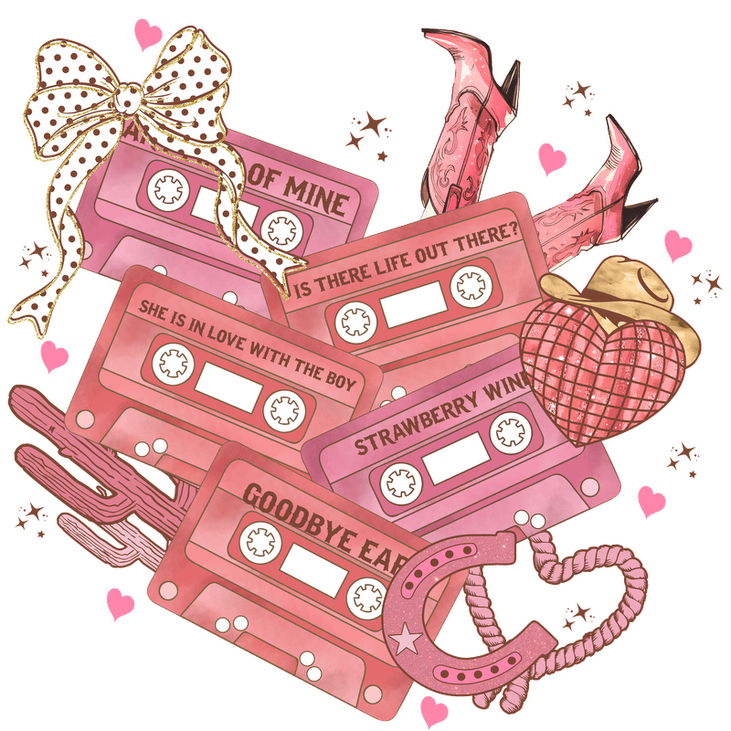 A vibrant illustration featuring colorful cassette tapes with playful titles, adorned with cowboy boots, hearts, and western-themed elements.DTF Transfers