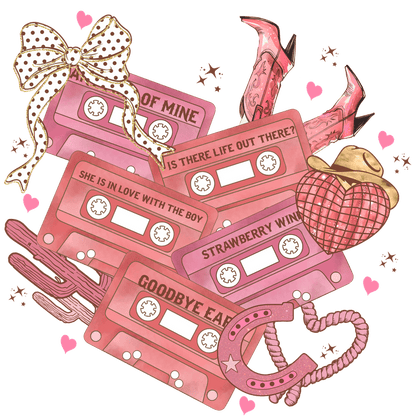 A vibrant illustration featuring colorful cassette tapes with playful titles, adorned with cowboy boots, hearts, and western-themed elements.DTF Transfers