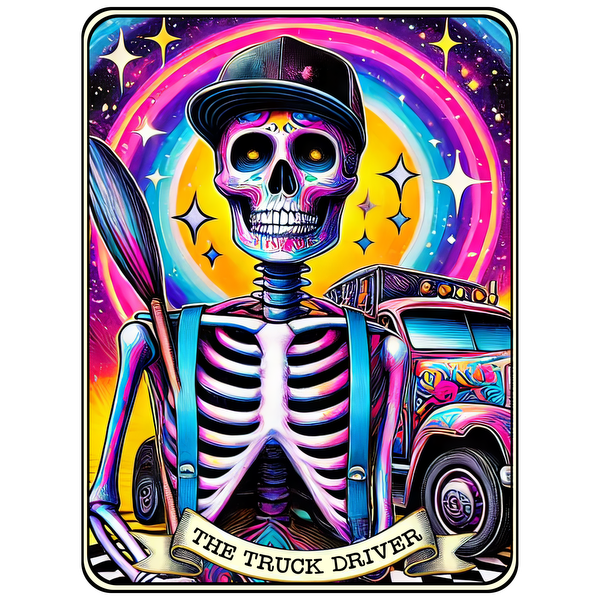 A vibrant and colorful illustration featuring a skeleton truck driver with a cap, surrounded by a psychedelic background. heat press transfers