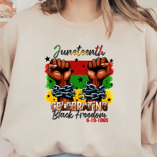 Bold artwork celebrating Juneteenth, featuring raised fists with chains against a colorful background symbolizing Black freedom and heritage.dtf regular iron