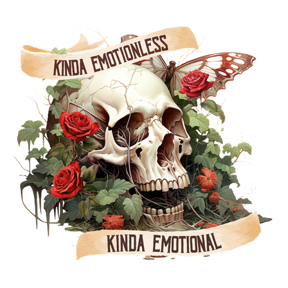 Una calavera ilustrada de forma creativa rodeada de rosas vibrantes y follaje, con la frase "Kinda Emotional, Kinda Emotional" (Un poco sin emociones, un poco emocional).