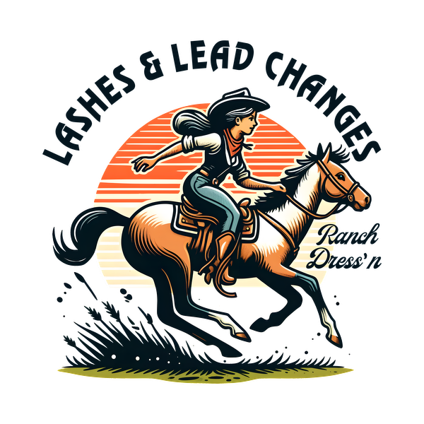 Una vibrante ilustración de estilo retro que presenta a una vaquera montada a caballo con la frase "Lashes &amp; Lead Changes" (Cambios de pestañas y plomo) elegantemente mostrada.