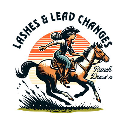 Una vibrante ilustración de estilo retro que presenta a una vaquera montada a caballo con la frase "Lashes &amp; Lead Changes" (Cambios de pestañas y plomo) elegantemente mostrada.