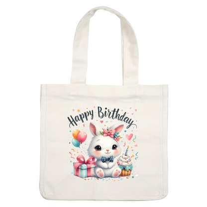 A cute cartoon bunny adorned with a flower crown celebrates a birthday, surrounded by gifts, balloons, and a cupcake.DTF Transfers