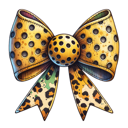 This stylish bow features a gold and leopard print design with playful polka dots, perfect for adding flair to any outfit.