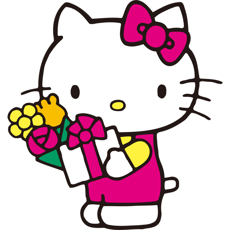 Hello Kitty is adorably holding a bouquet of flowers and a gift box, dressed in a pink outfit and matching bow.DTF Transfers