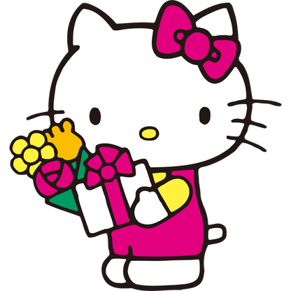 Hello Kitty is adorably holding a bouquet of flowers and a gift box, dressed in a pink outfit and matching bow.DTF Transfers