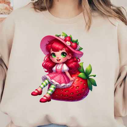 A whimsical illustration of a girl with vibrant red hair, wearing a pink dress and sitting on a giant strawberry.DTF Transfers