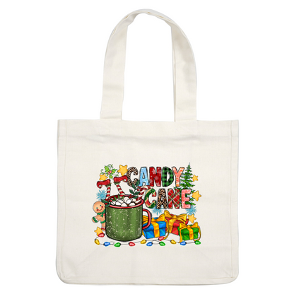 A festive holiday scene featuring a green mug filled with marshmallows, candy canes, gingerbread cookies, and colorful presents.DTF Transfers heat press transfers