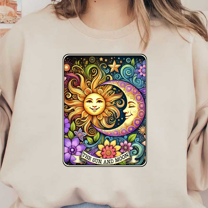 A vibrant and whimsical illustration of the sun and moon surrounded by colorful flowers and celestial patterns, titled "The Sun and Moon." dtf transfers