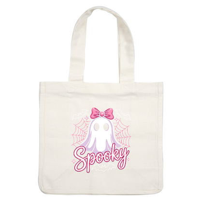 A cute ghost graphic with a pink bow and "Spooky" text design.DTF Transfers