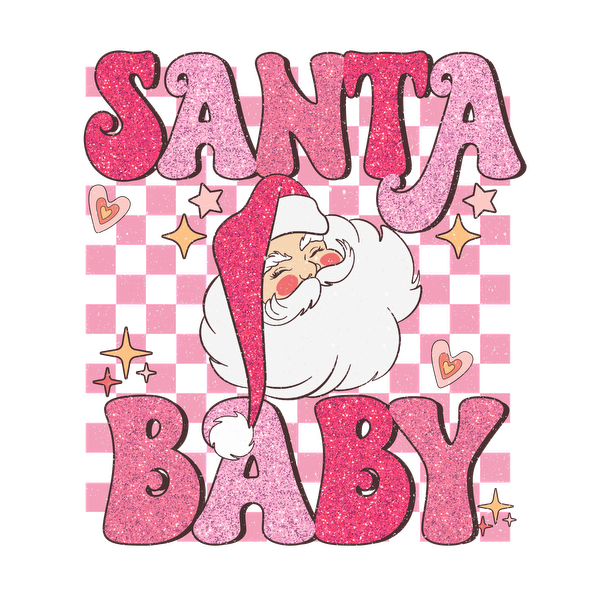 Una ilustración divertida y festiva que presenta un alegre Papá Noel junto a un texto rosa brillante que dice "Santa Baby".