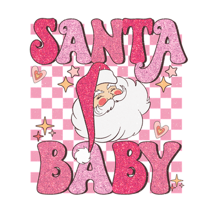 Una ilustración divertida y festiva que presenta un alegre Papá Noel junto a un texto rosa brillante que dice "Santa Baby".