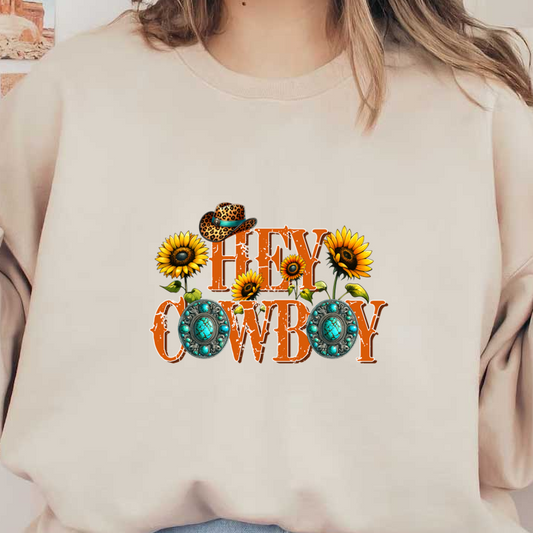 Un diseño vibrante "Hey Cowboy" con girasoles, un sombrero con estampado de leopardo y detalles decorativos en turquesa para un ambiente western divertido.