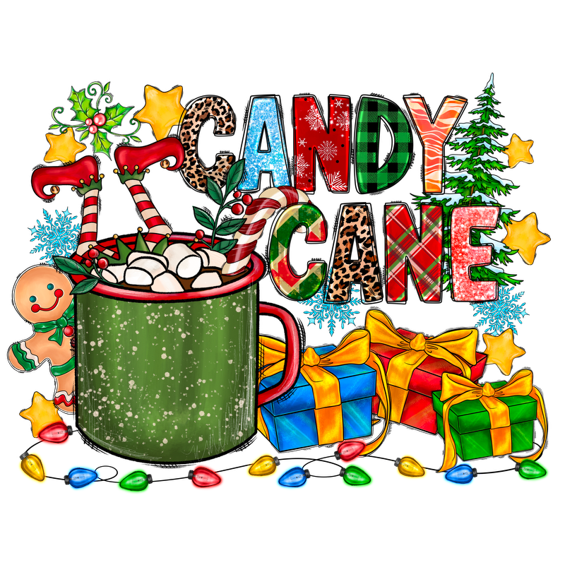 A festive holiday scene featuring a green mug filled with marshmallows, candy canes, gingerbread cookies, and colorful presents.DTF Transfers heat press transfers