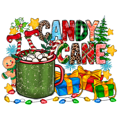 A festive holiday scene featuring a green mug filled with marshmallows, candy canes, gingerbread cookies, and colorful presents.DTF Transfers heat press transfers