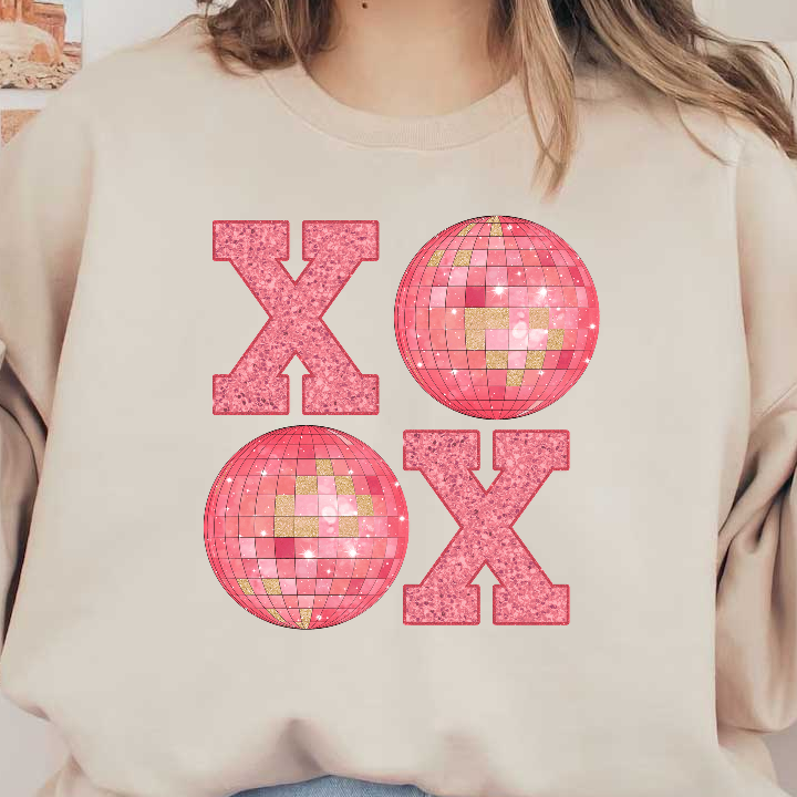 Vibrant pink glitter letters 'XOXO' paired with sparkling disco balls, perfect for a fun party or festive decor!DTF Transfers