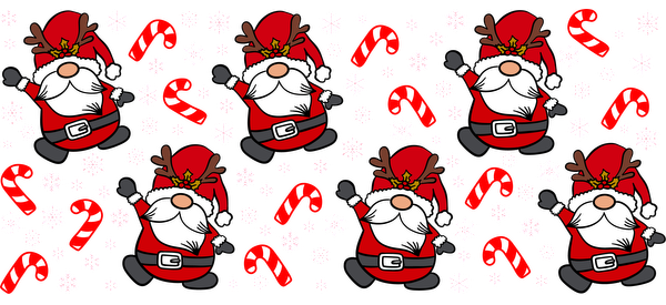 A festive pattern featuring cheerful Santas in red suits surrounded by candy canes and snowflakes, perfect for holiday decor.UV Transfers dtf prints