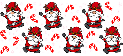 A festive pattern featuring cheerful Santas in red suits surrounded by candy canes and snowflakes, perfect for holiday decor.UV Transfers dtf prints