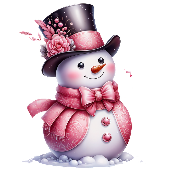 Adorned in a pink scarf and hat, this cheerful snowman features floral accents and a bright orange carrot nose. dtf transfers