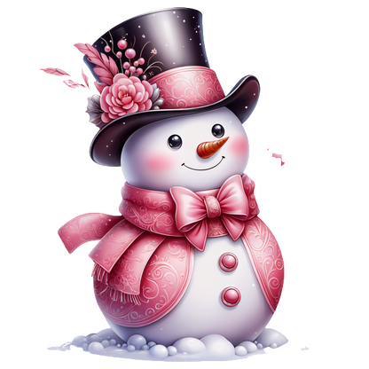 Adorned in a pink scarf and hat, this cheerful snowman features floral accents and a bright orange carrot nose. dtf transfers