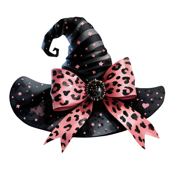 Un elegante sombrero de bruja negro con rayas divertidas, un lazo con estampado de leopardo y detalles en rosa brillante para un toque caprichoso.