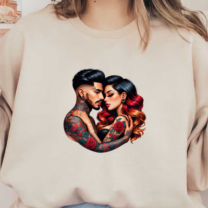 A vibrant and romantic illustration of a tattooed couple, showcasing intricate floral tattoos and stylish hairstyles.DTF Transfersdtf regular iron