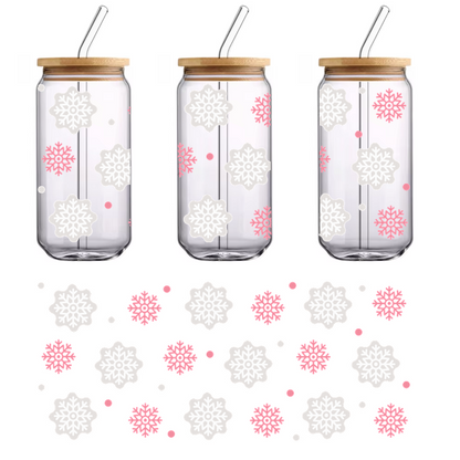 A whimsical pattern featuring pink and white snowflakes on a black background, perfect for winter-themed designs.UV Transfersdtf regular iron