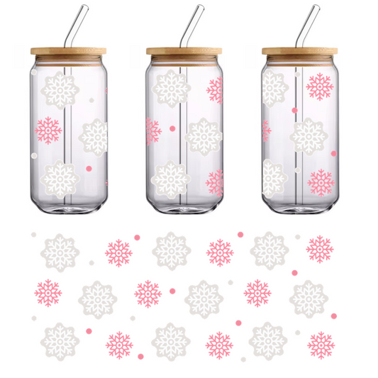 A whimsical pattern featuring pink and white snowflakes on a black background, perfect for winter-themed designs.UV Transfersdtf regular iron