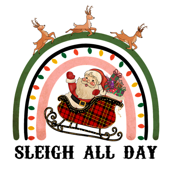 Celebrate the holiday spirit with this whimsical depiction of Santa in a plaid sleigh, flying with playful reindeer under colorful lights. dtf transfers