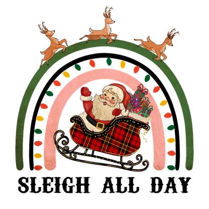 Celebrate the holiday spirit with this whimsical depiction of Santa in a plaid sleigh, flying with playful reindeer under colorful lights. dtf transfers