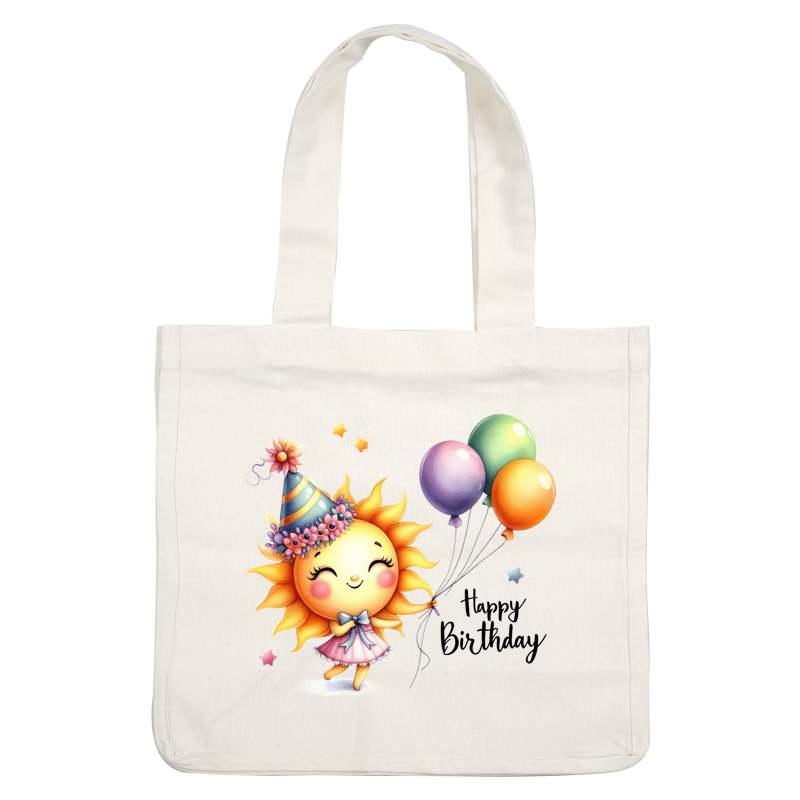 A cheerful sun character in a party hat holds colorful balloons, celebrating with a "Happy Birthday" message.DTF Transfers