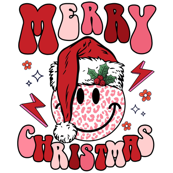 A cheerful Christmas design featuring a smiling leopard-print face wearing a festive Santa hat, surrounded by colorful lettering and decorations. dtf prints