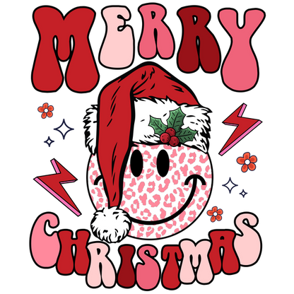 A cheerful Christmas design featuring a smiling leopard-print face wearing a festive Santa hat, surrounded by colorful lettering and decorations. dtf prints