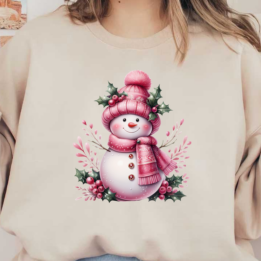 A cheerful pink snowman adorned with a cozy hat and scarf, surrounded by festive holly and berries, perfect for the holidays.dtf regular iron