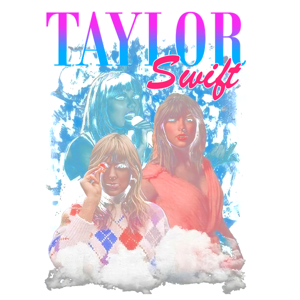 Vibrant collage featuring Taylor Swift in various outfits, showcasing her iconic style and personality with colorful graphic elements.DTF Transfers