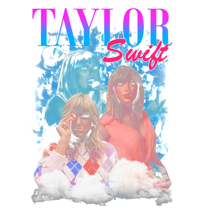 Vibrant collage featuring Taylor Swift in various outfits, showcasing her iconic style and personality with colorful graphic elements.DTF Transfers