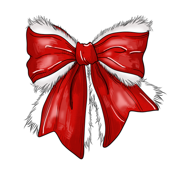 A festive red bow adorned with fluffy white trim, perfect for holiday decorations and special gifts. heat press transfers