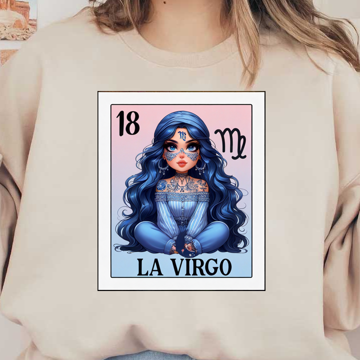 Una ilustración vibrante de un personaje que representa a "La Virgo", con tatuajes intrincados, cabello azul y un atuendo elegante.