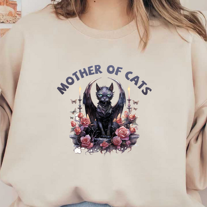 Un gato negro místico con alas, rodeado de rosas y mariposas, proclama orgullosamente "Madre de los gatos" con elegantes letras.