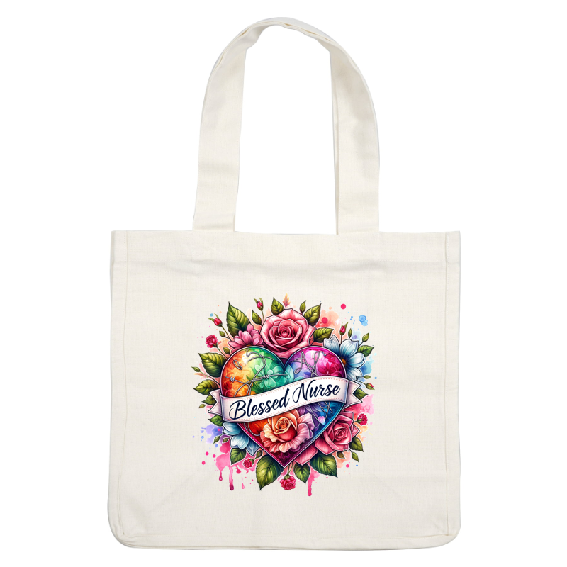 A vibrant, colorful heart surrounded by flowers and a banner reading "Blessed Nurse," celebrating the nursing profession with artistic flair.DTF Transfers