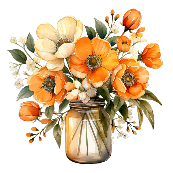 A beautiful arrangement of orange and white flowers in a glass jar, surrounded by lush green leaves and delicate blossoms. heat press transfers