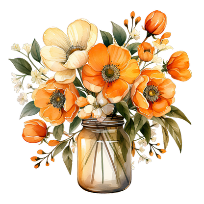 A beautiful arrangement of orange and white flowers in a glass jar, surrounded by lush green leaves and delicate blossoms. heat press transfers