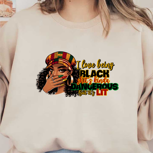 A vibrant graphic featuring a woman with curly hair and a colorful hat, expressing pride in her identity with bold text.dtf regular iron