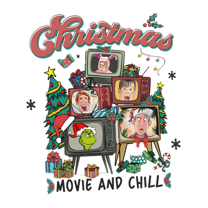 Celebrate the holiday spirit with this festive "Christmas Movie and Chill" design featuring retro televisions and iconic characters.DTF Transfers heat press transfers heat press transfers