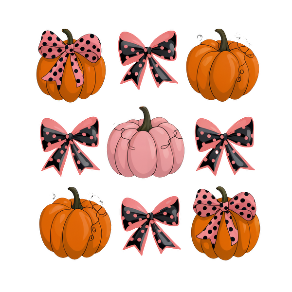 Una divertida variedad de calabazas en naranja y rosa, cada una adornada con elegantes lazos de lunares negros y rosados. ¡Perfectas para el otoño!