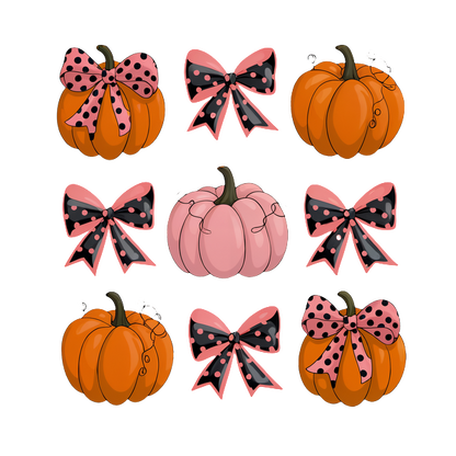 Una divertida variedad de calabazas en naranja y rosa, cada una adornada con elegantes lazos de lunares negros y rosados. ¡Perfectas para el otoño!