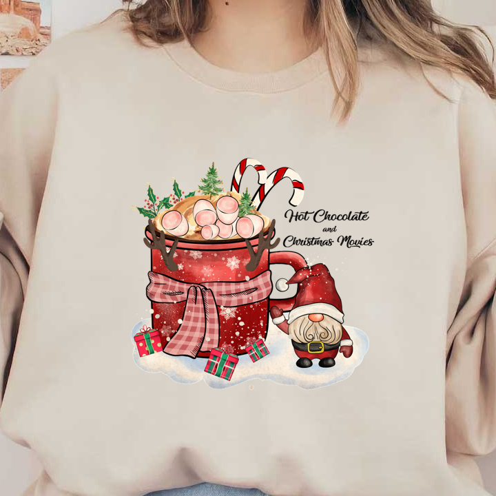 A festive scene featuring a large red mug overflowing with marshmallows, candy canes, and a jolly gnome beside colorful gifts. heat press transfers